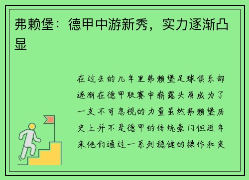 弗赖堡：德甲中游新秀，实力逐渐凸显